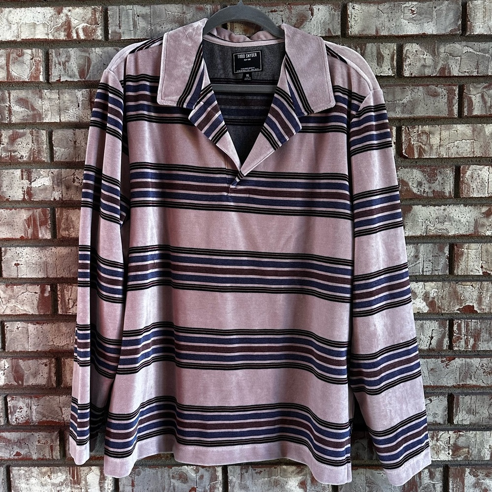 Todd Snyder Shell Pink, Navy, and Black Striped Velour Montauk Polo